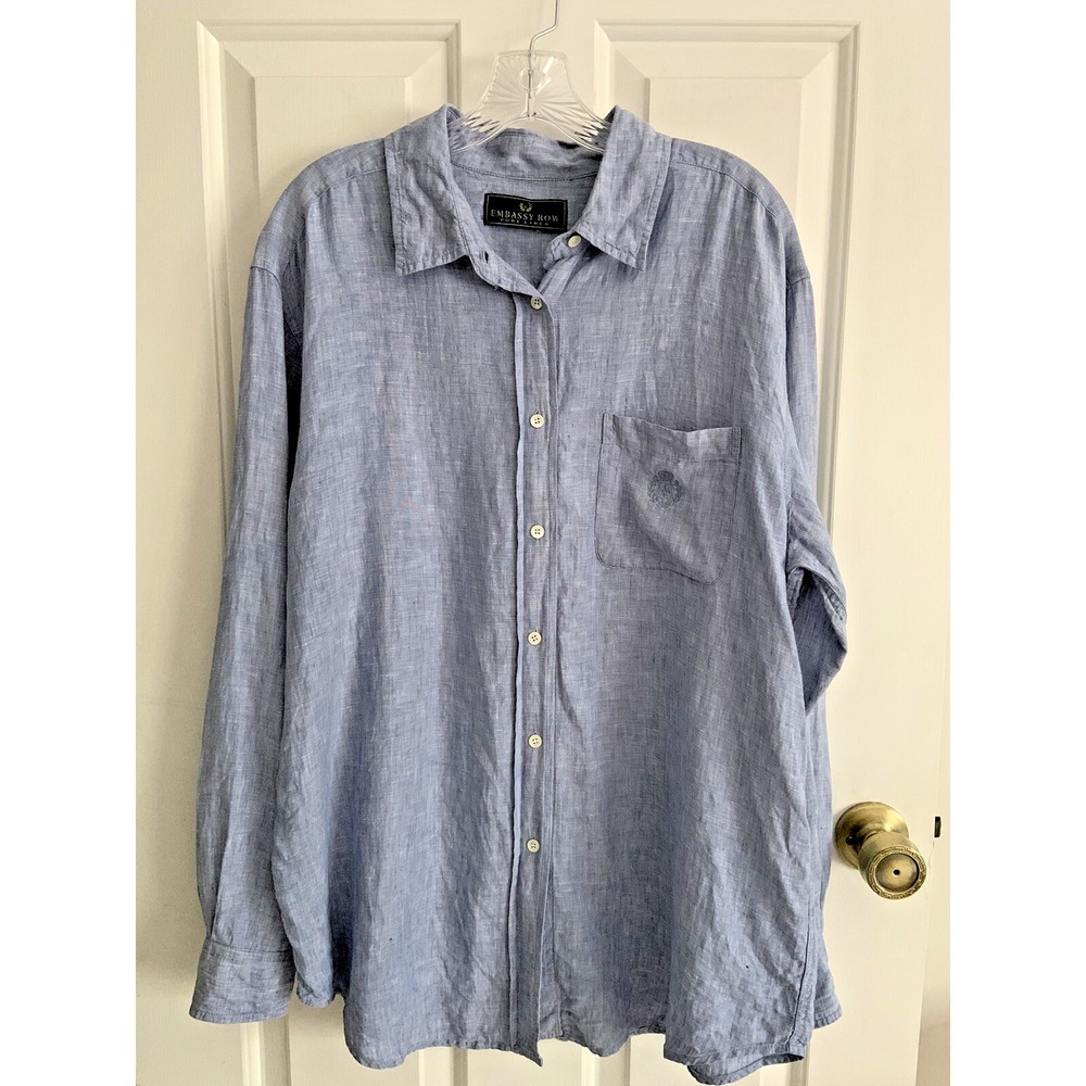 Vtg Mens EMBASSY ROW Pure LINEN embroidered pocket SHIRT Light Blue sz 14 XL